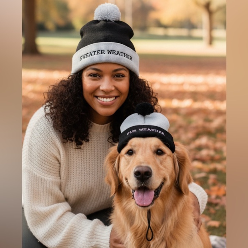 You and your Pup Black and Gray Knit Beanies with Pom-Pom